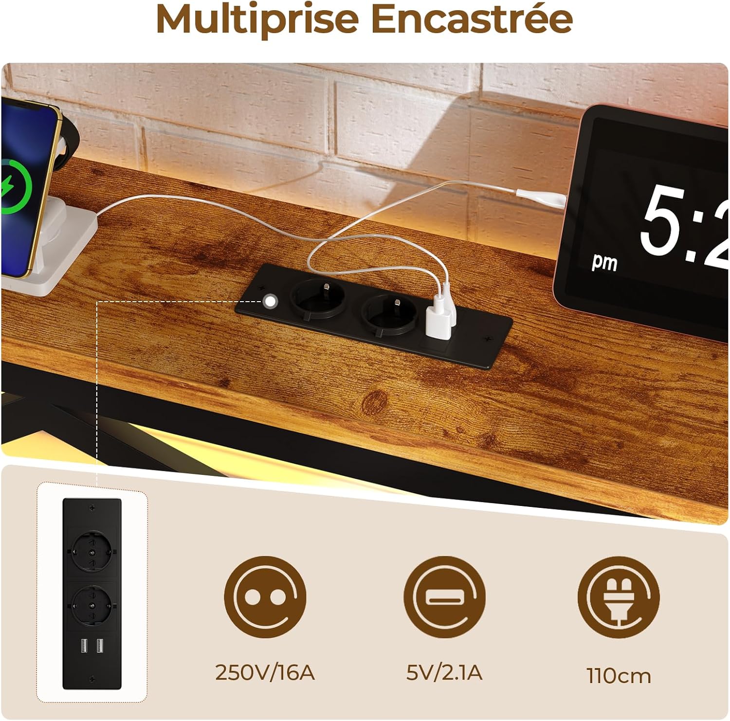 DICTAC - Lit LED avec ports USB, 180x200cm, rangement 32cm, métal