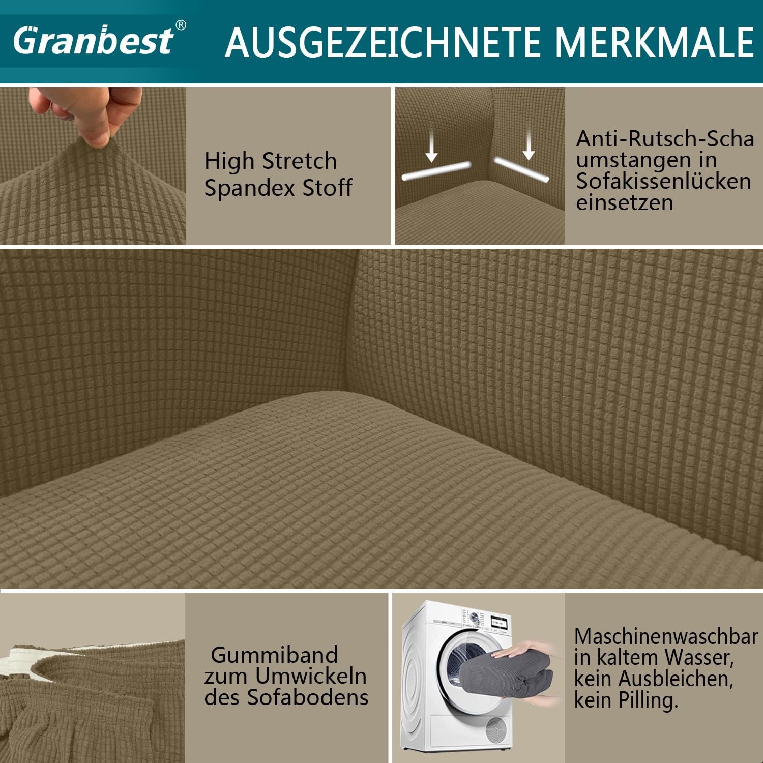 Granbest - housse de canapé jacquard 2 places - élastique, protection animaux, vert kaki