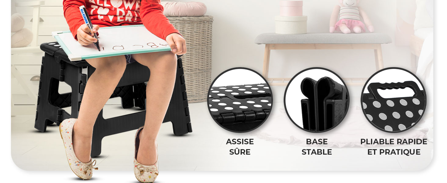 démontré en cours d'utilisation. Les caractéristiques comprennent une base stable, une surface antidérapante et un design pliable pour un rangement facile. Trois encarts circulaires mettent en évidence les principales caractéristiques du produit