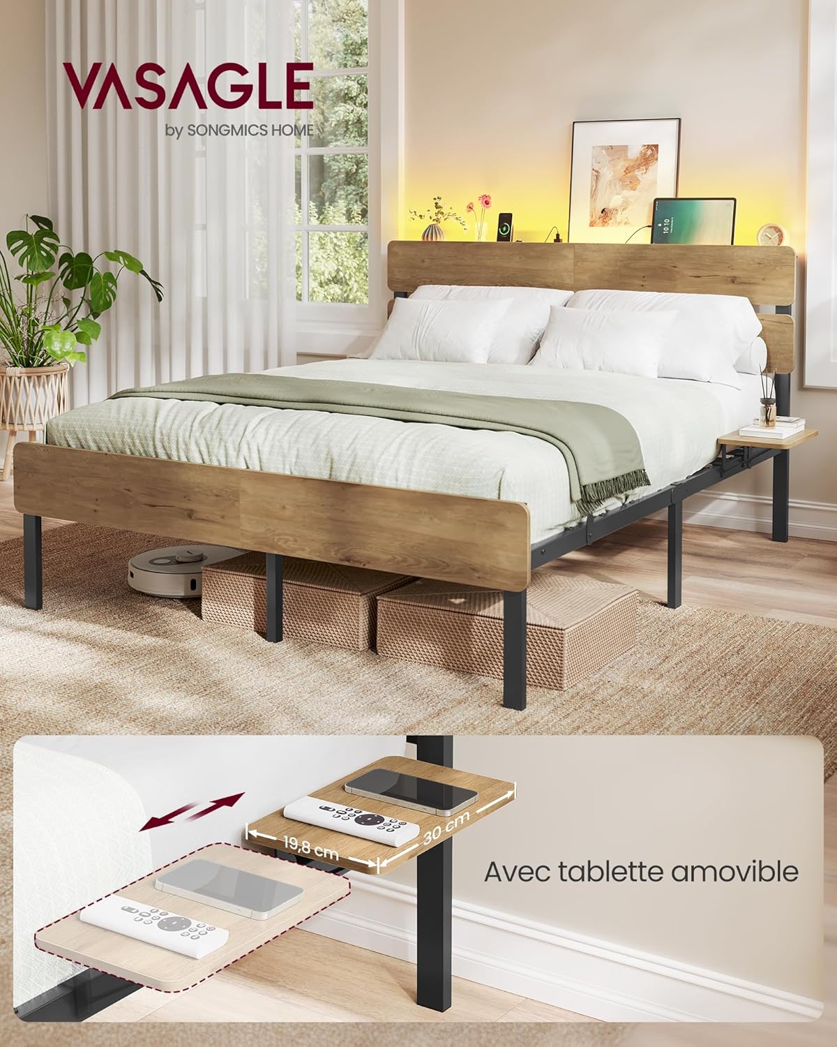 VASAGLE - Cadre de lit industriel - 140x190 cm - LED, USB/Type-C, rangement - RMB103K01
