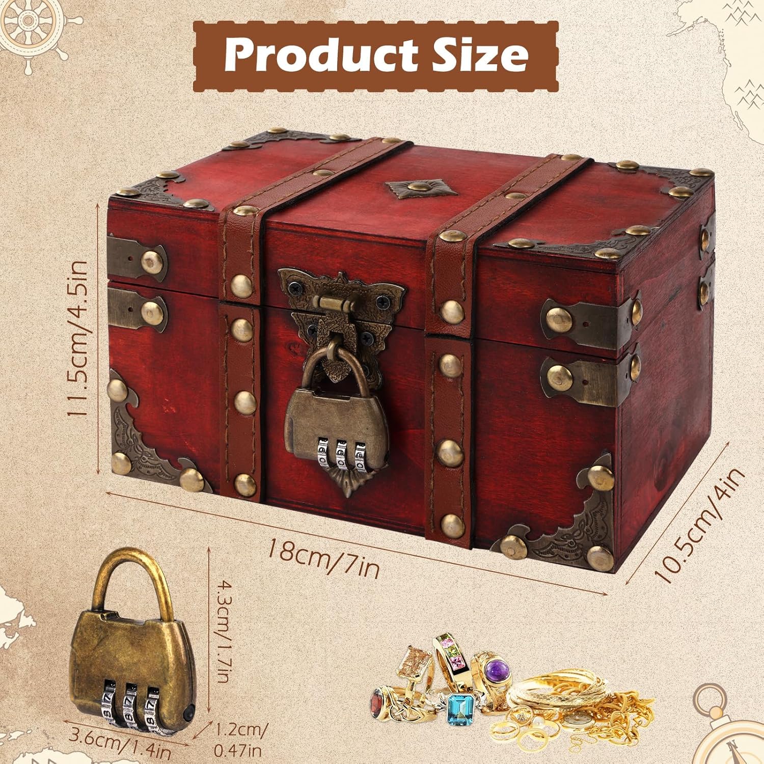 Coffre Trésor Vintage en Bois - boîte à cadenas pirate, couvercle, tirelire enfant, rouge - rangement bijoux, déco