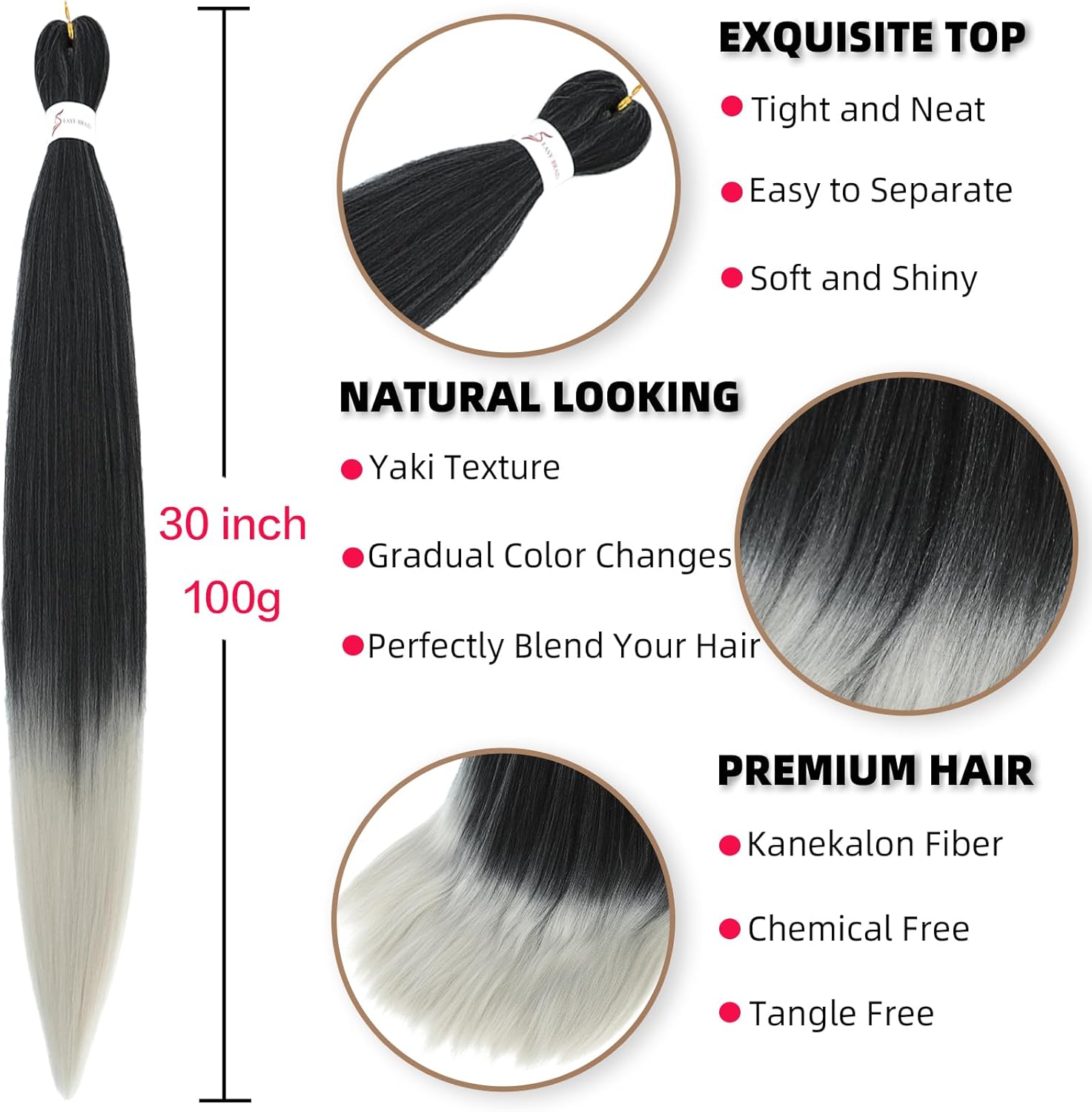 Rajout cheveux tressés - pré-étirés 30'' - Kanekalon gris/ombre - T1B/Argent#