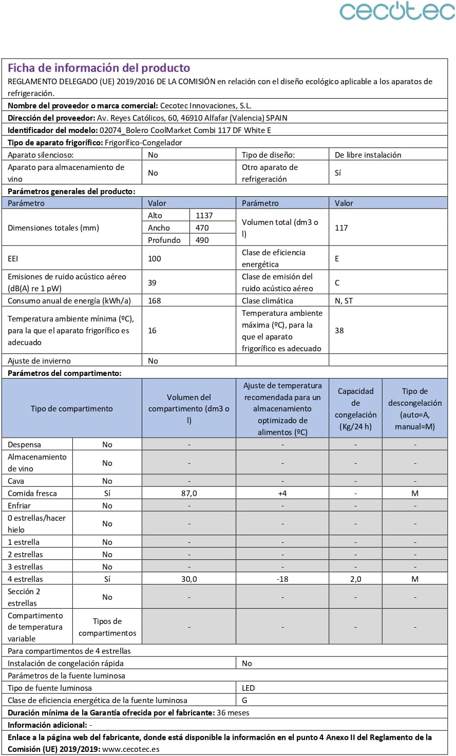 Cecotec - Bolero CoolMarket Combi - 117L, congélateur, Fast Freezing, blanc, E, 117 DF