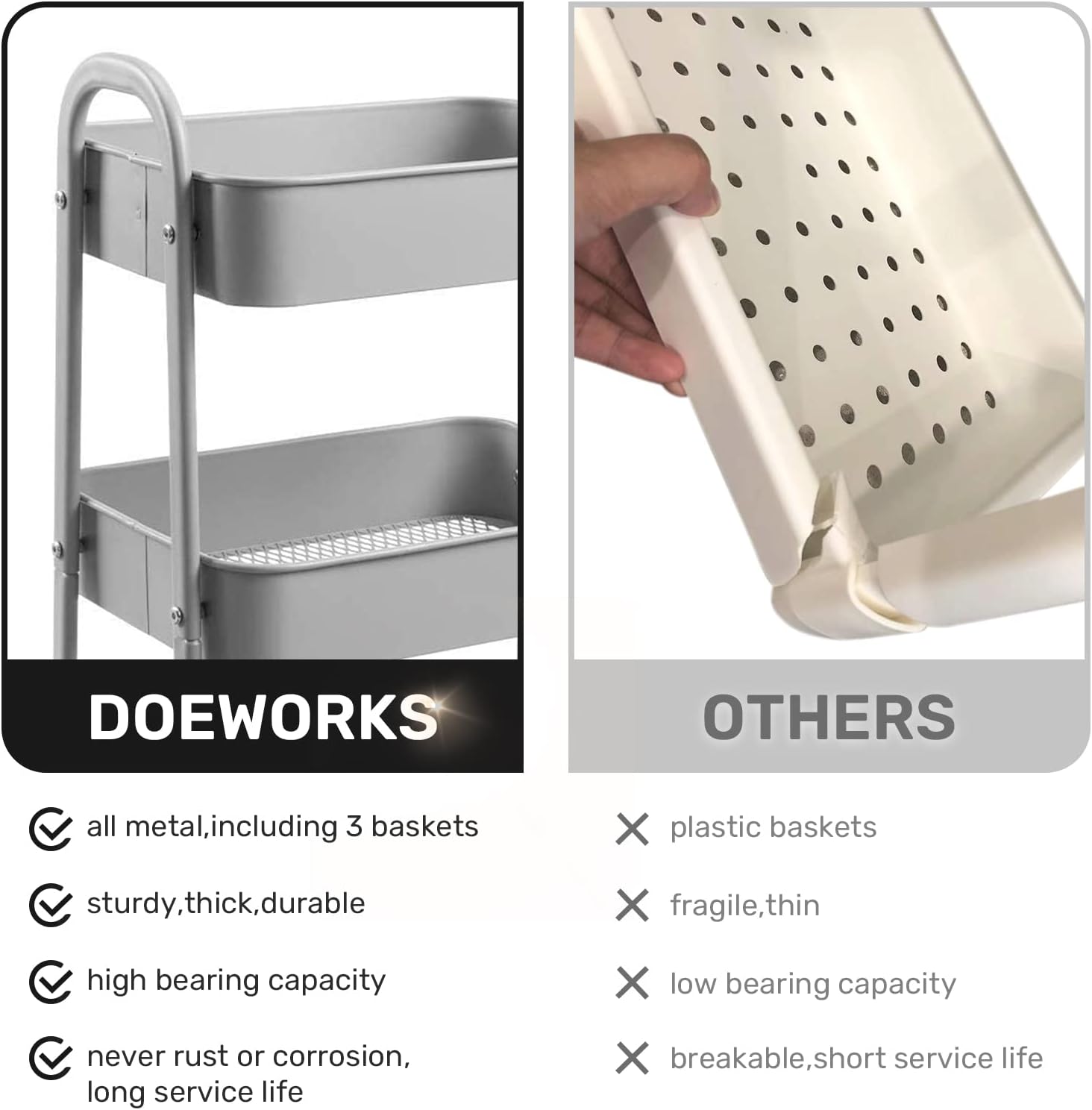 DOEWORKS - Chariot 3 niveaux métal, gris, roulettes, rangement cuisine