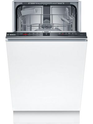 Vues multiples d'un lave-vaisselle entièrement intégré dont la façade est prête à être installée, montrant les paniers intérieurs et le panneau de commande sur le bord supérieur.