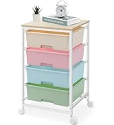 SYKIARIOL Chariot à roulettes à 4 tiroirs, chariot de rangement, chariot de salle de bain sur roues avec plateau en bois, ...