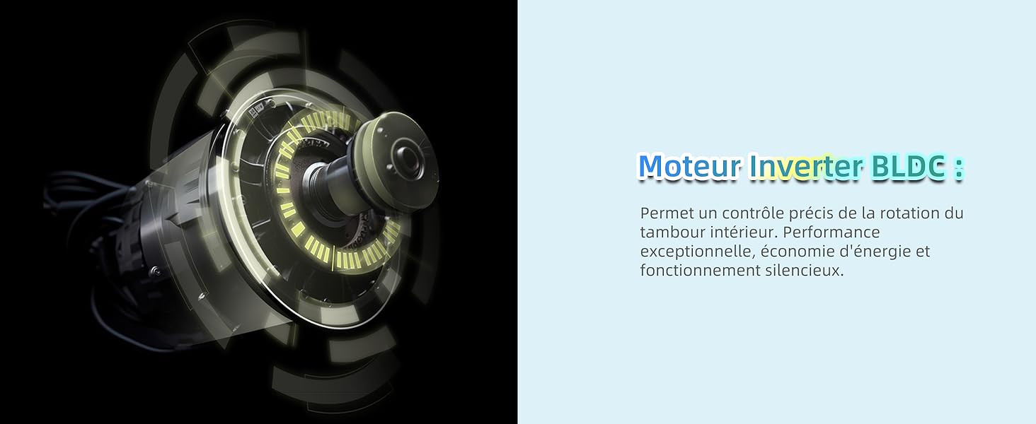 Moteur cylindrique avec boîtier transparent, laissant apparaître des composants internes jaunes. Un arbre central noir est visible, entouré d'un arrangement circulaire de composants électroniques.