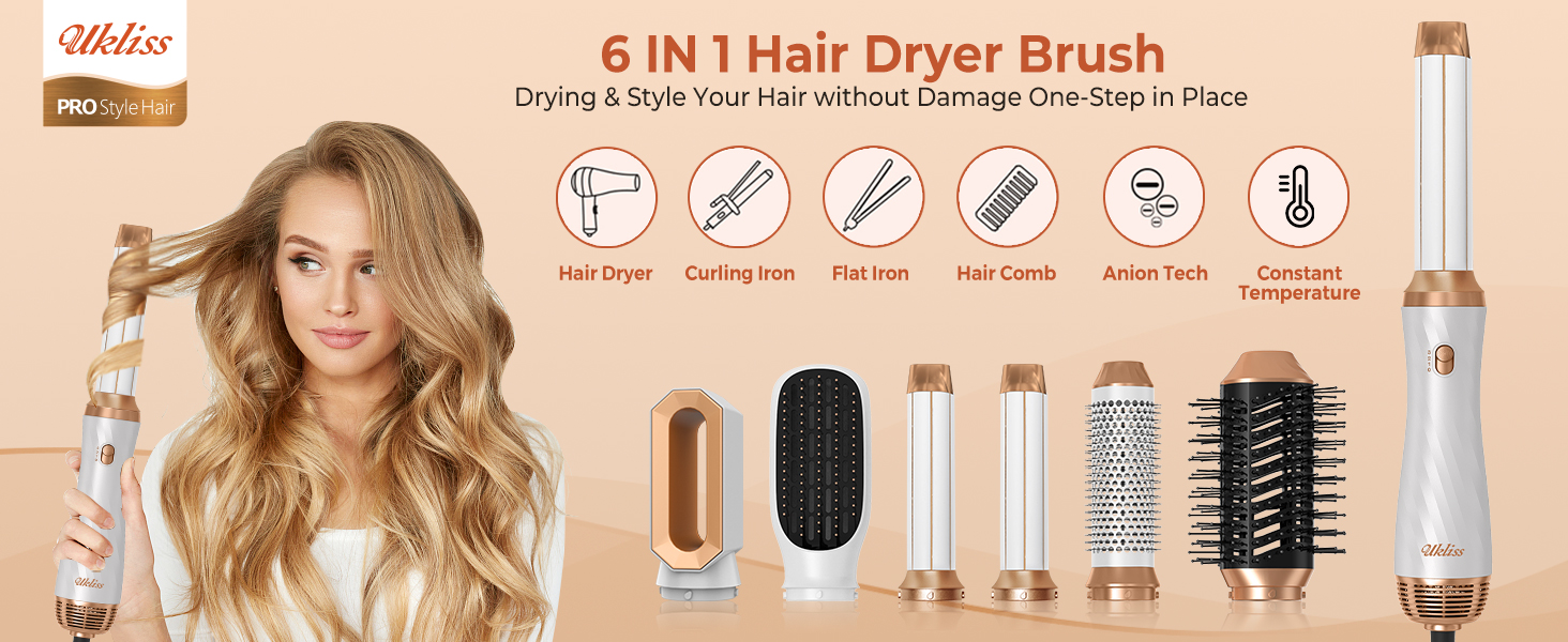 avec plusieurs accessoires, y compris diverses têtes de brosse et outils de coiffage. L'écran du produit montre l'appareil principal et les accessoires interchangeables.