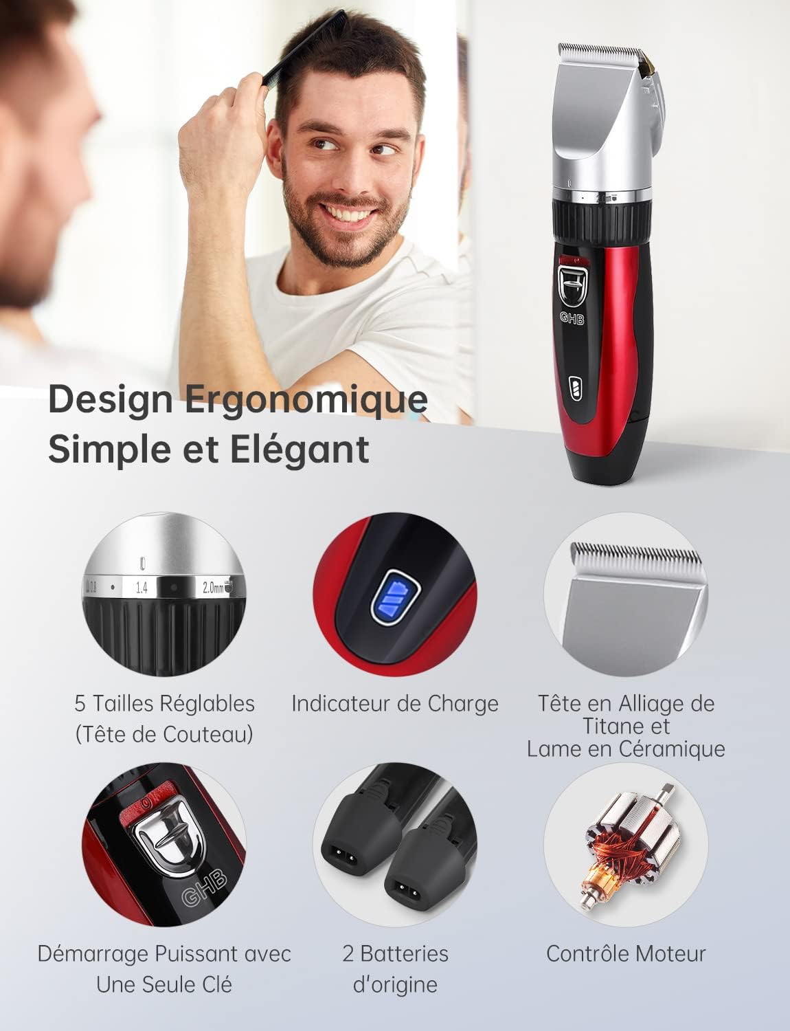 GHB - Tondeuse cheveux pro sans fil, 7 peignes, 2 batteries lithium