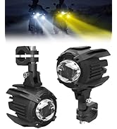 Feux auxiliaires noirs pour moto avec supports de montage, illustrés ci-dessus avec des faisceaux blancs et jaunes dans l'obscurité.