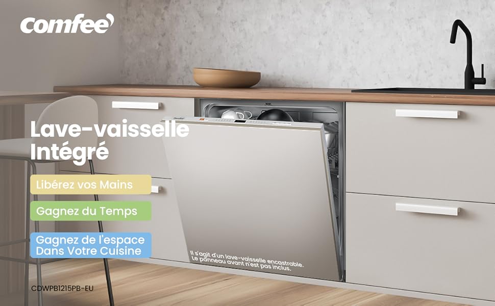 Le texte indique « Comfee » et « Lave-vaisselle ». Images montrant différentes vues de ce qui semble être un lave-vaisselle compact ou une installation d'appareils électroménagers.
