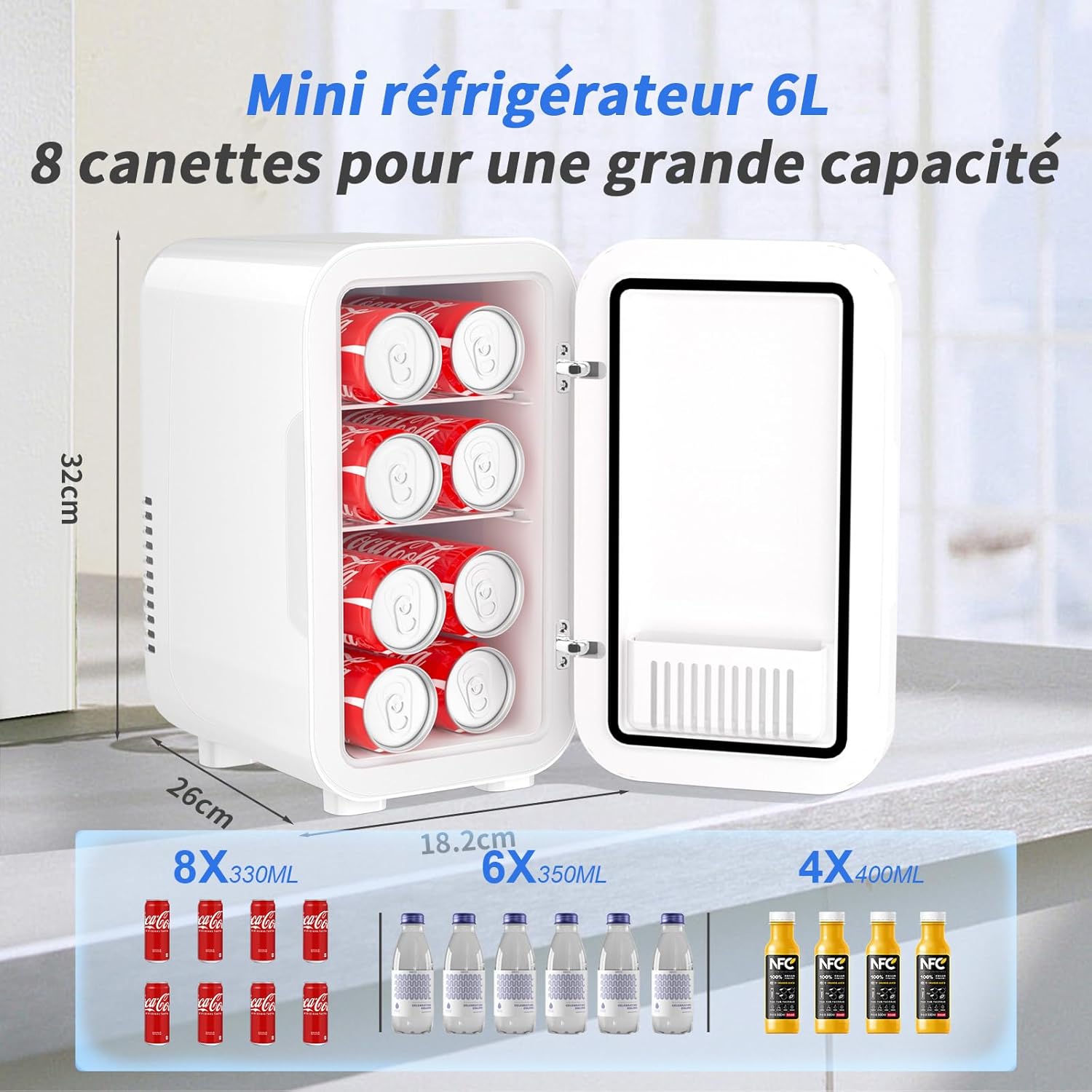 YASHE - mini réfrigérateur 6L - portable AC/DC, 8 canettes, blanc