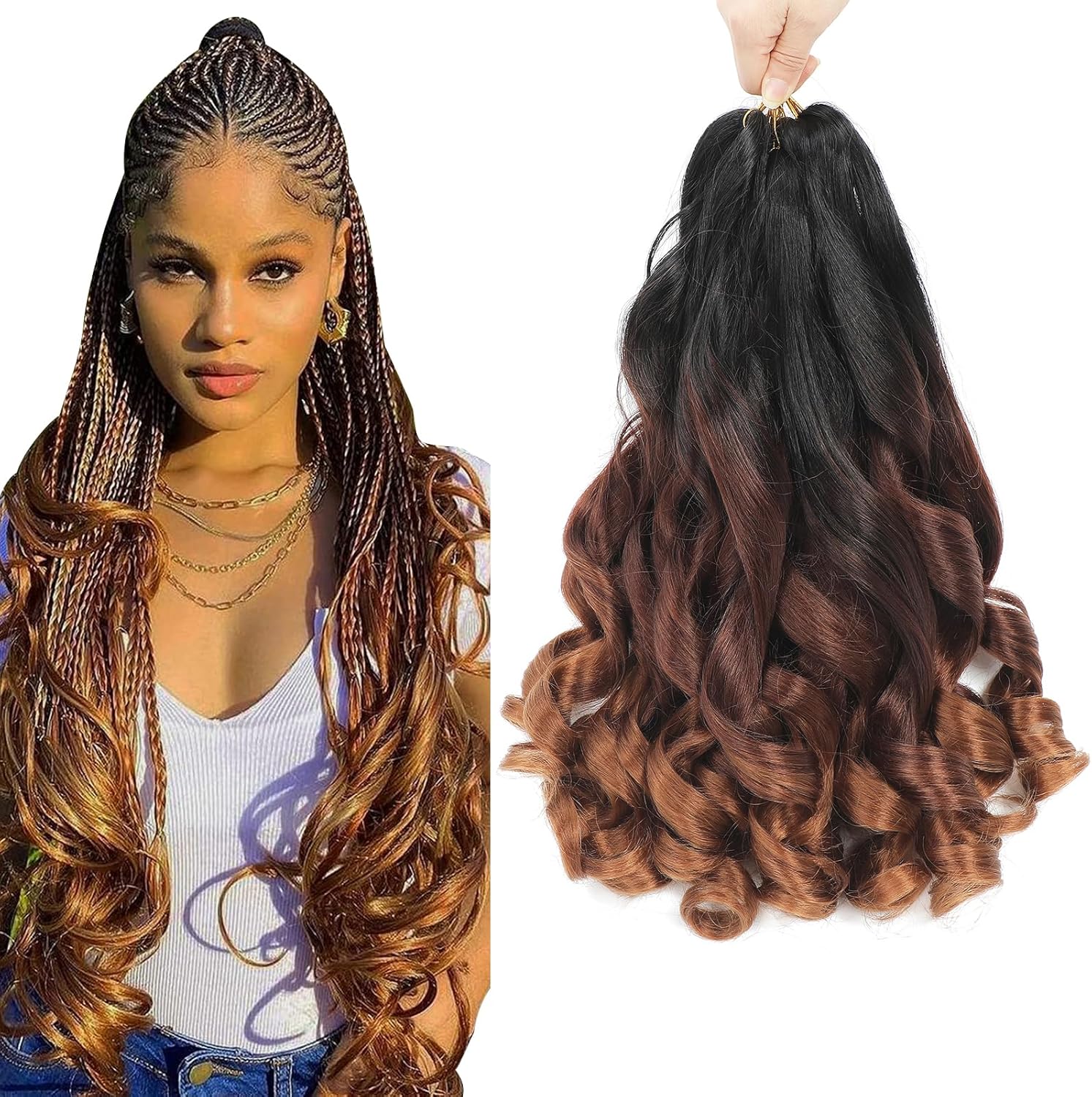 Mèches pour tresses africaines - French Curl - 16 pouces - 8 packs, cheveux ondulés bouncy, mélange 1B/33/30