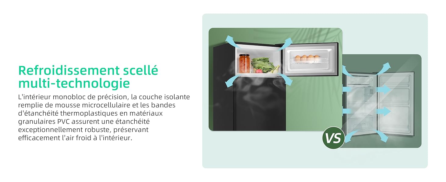 Image fractionnée comparant la technologie de refroidissement des réfrigérateurs. Le côté gauche montre un système de refroidissement étanche multitechnologie, le côté droit montre un système de refroidissement traditionnel