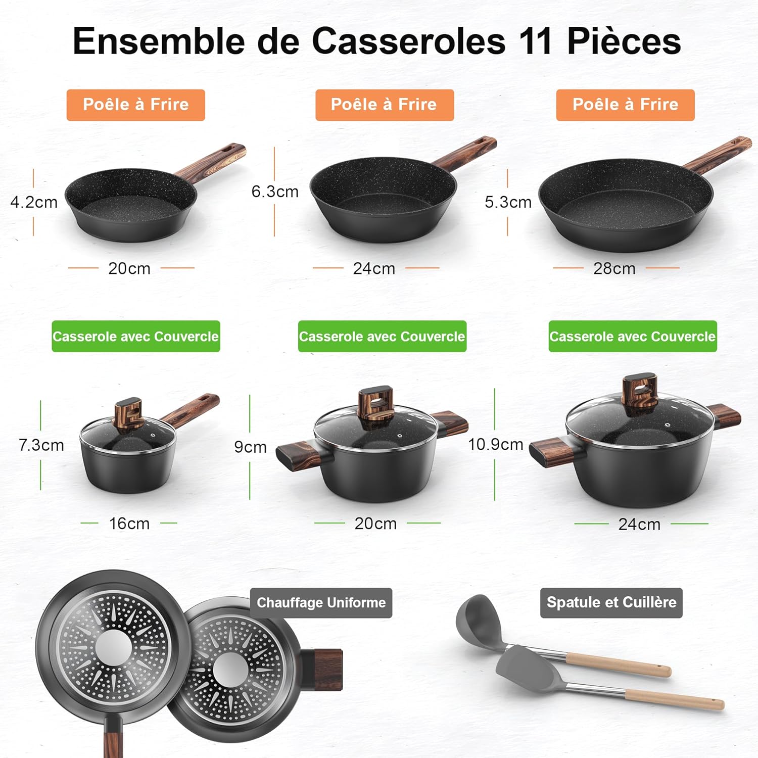 Topbooc - Batterie de cuisine induction 11 pièces - antiadhésif, tous feux, sans PFOA/PFOS, 20-28 cm
