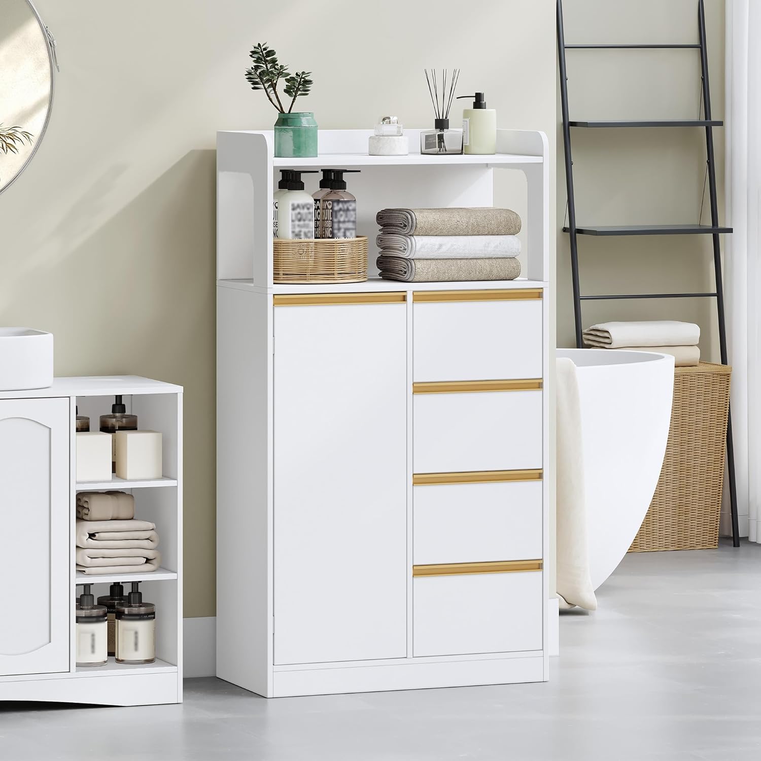 Meuble Salle de Bain - rangement placard 4 tiroirs, blanc, 30x60x110cm