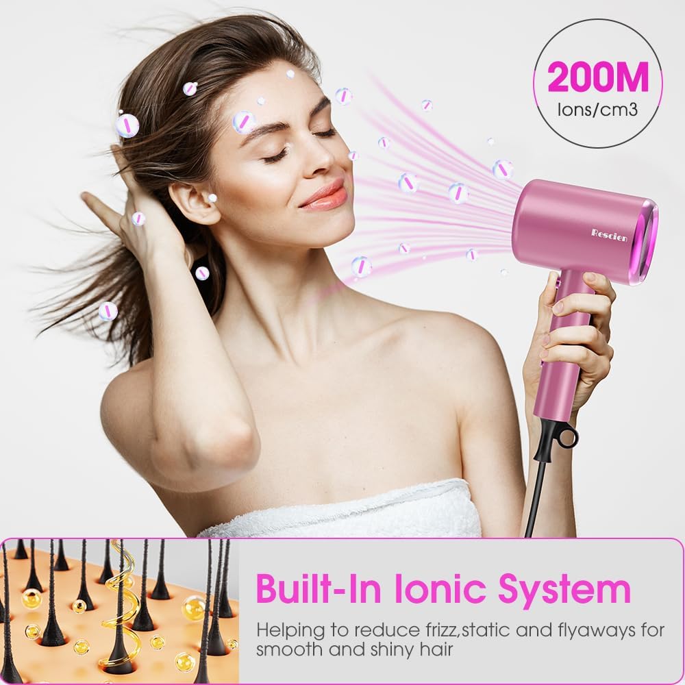 Sèche-cheveux ionique pliable - 2400W, léger, 3 vitesses et accessoires