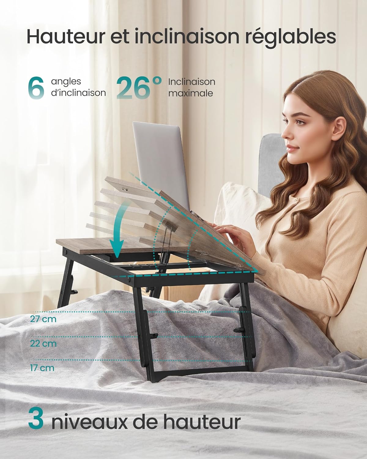 SONGMICS - Table de lit réglable, pliable, tiroir, bambou, 60x40cm - LLD105W01