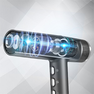 avec barillet transparent montrant les composants internes. La lumière bleue illumine plusieurs canaux de circulation d'air et pales de ventilateur, ce qui suggère une technologie de circulation d'air avancée