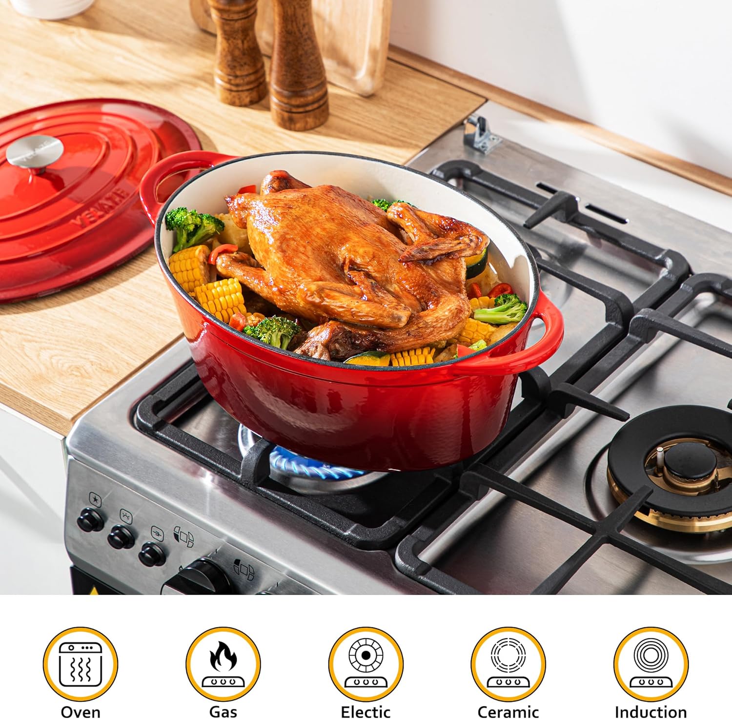 Velaze - Cocotte Ovale Émaillée 7L 34cm - Fonte, Induction, Rouge