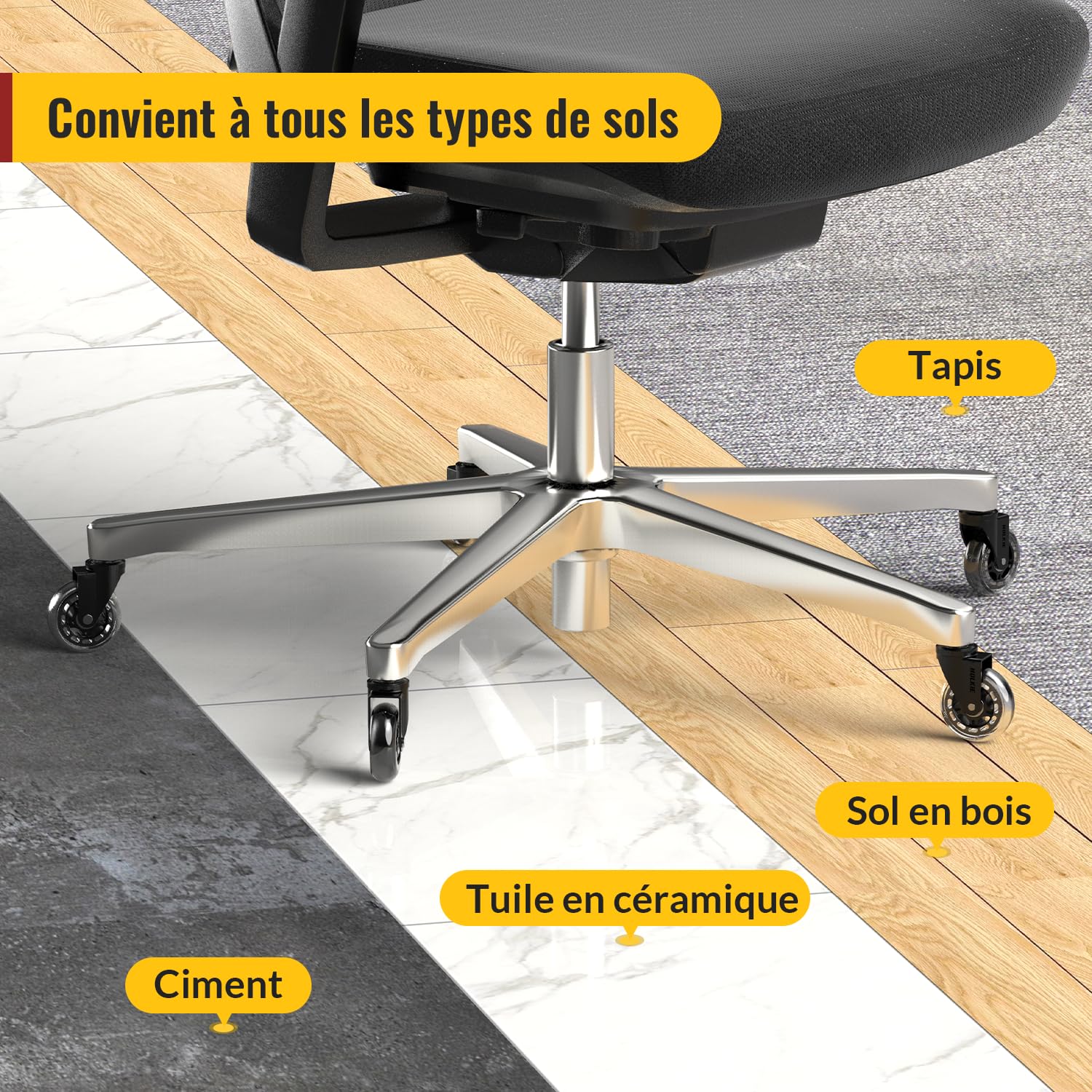HOLKIE - roulettes chaise bureau - 11x22mm - caoutchouc robustes pour sols durs et tapis