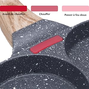 une poêle avec un manche rouge et un manche rouge