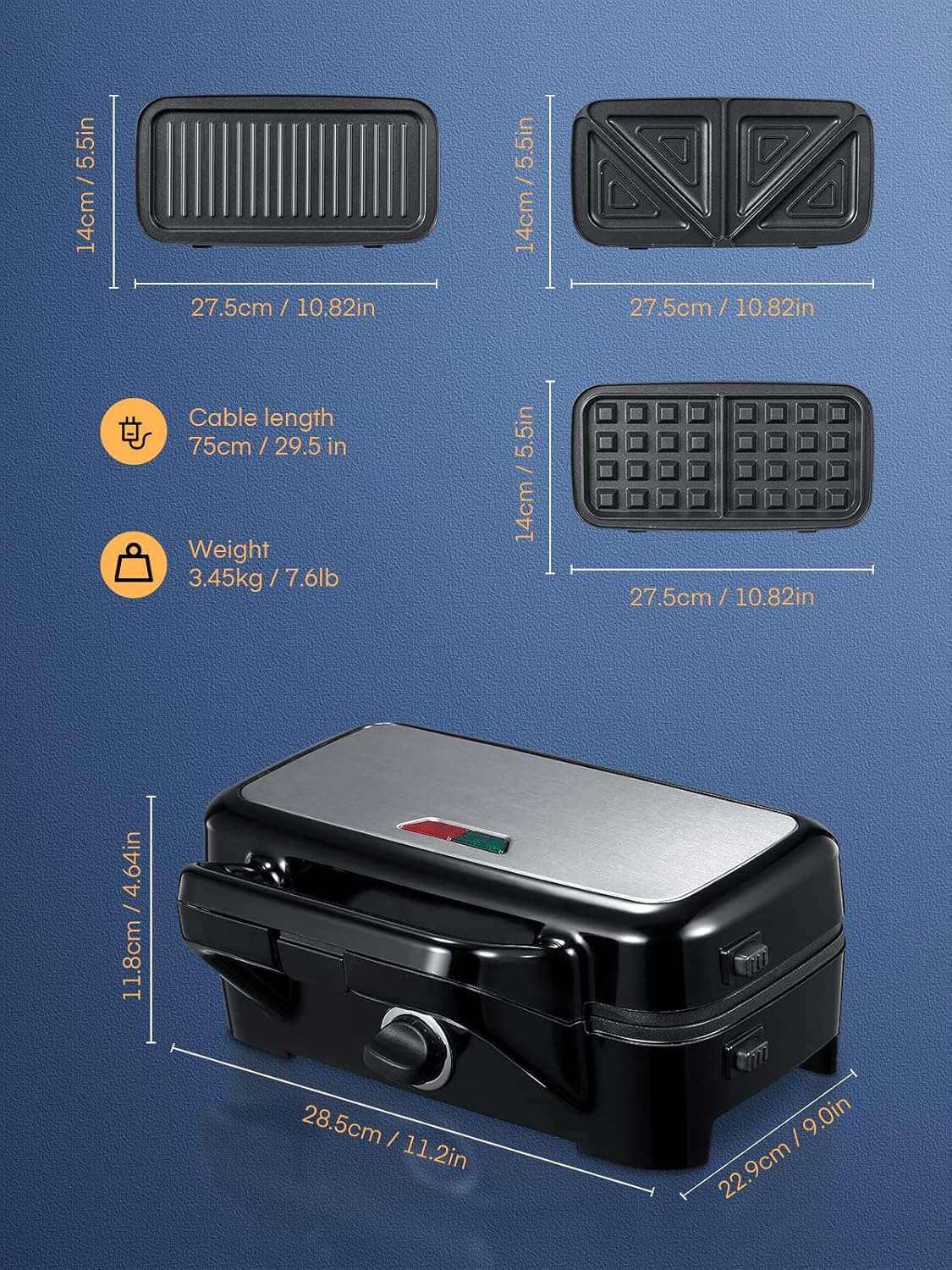 Croque Monsieur 3 en 1 – appareil multifonction 1200W, plaques amovibles, contrôle température 5 niveaux, rangement vert