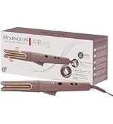 Le texte indique « REMINGTON AIR VIVE ». L'emballage du produit et l'outil de coiffage présentés sous plusieurs angles, comprenant un fer à lisser en or rose avec boutons de commande.