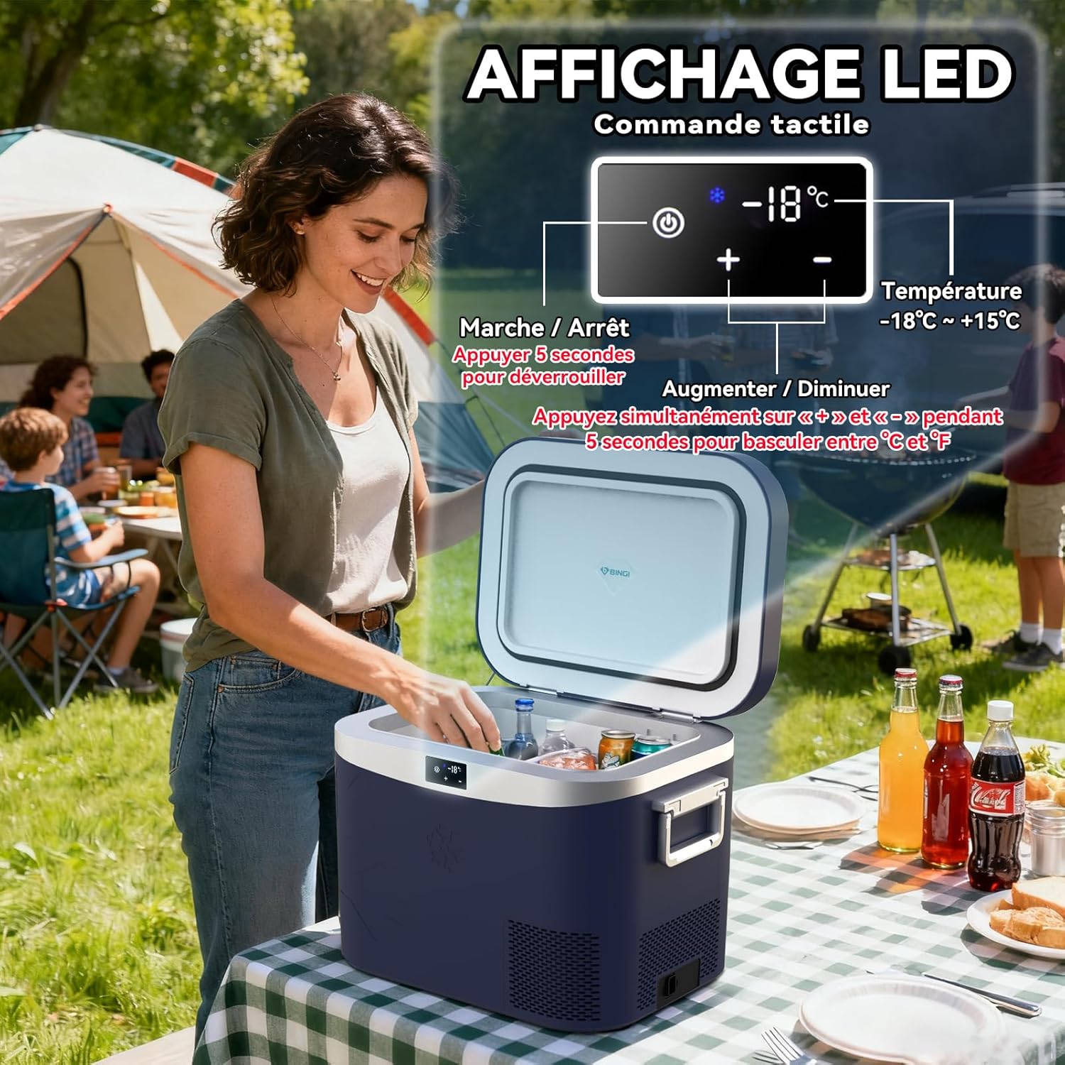 BINGI - Glacière Électrique 18L - Compacte, -18°C à +20°C, à compression