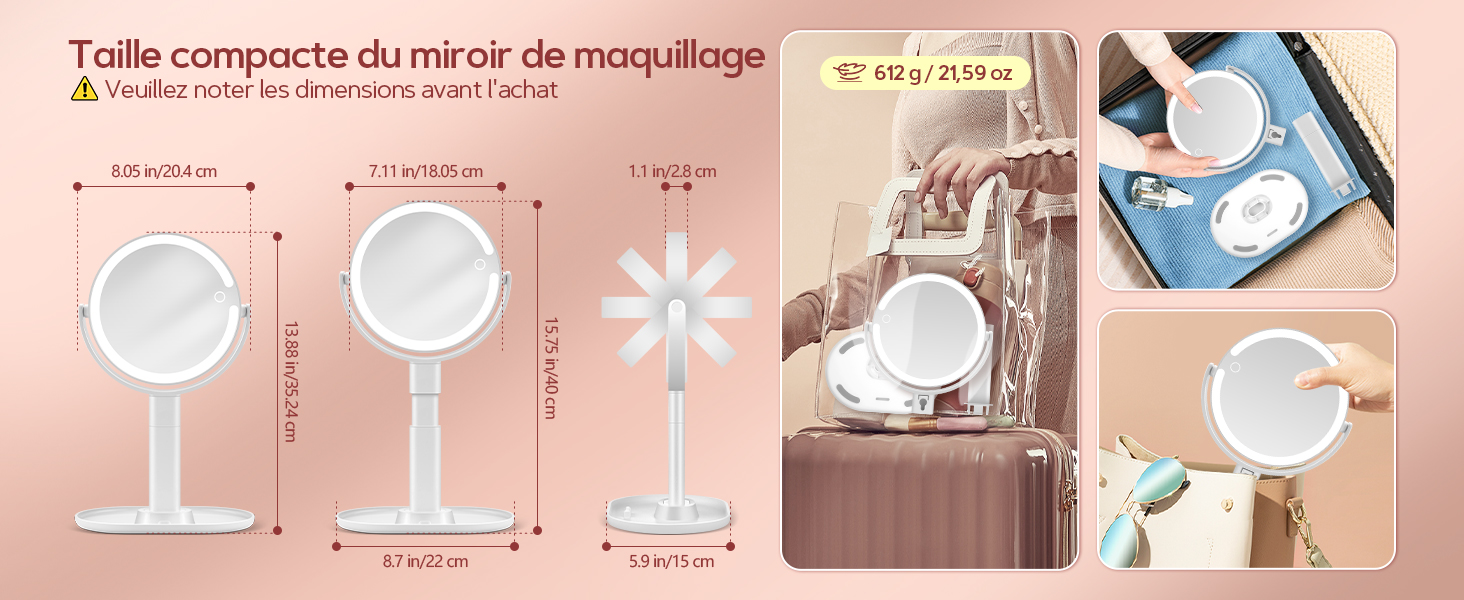 Collection d'icônes de miroirs dans une palette de couleurs rose et blanc montrant différents modèles de miroirs de vanité de salle de bain.