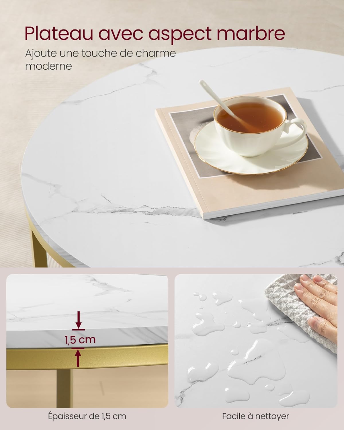 VASAGLE - Table basse moderne - marbre blanc verre trempé - LCT072W59