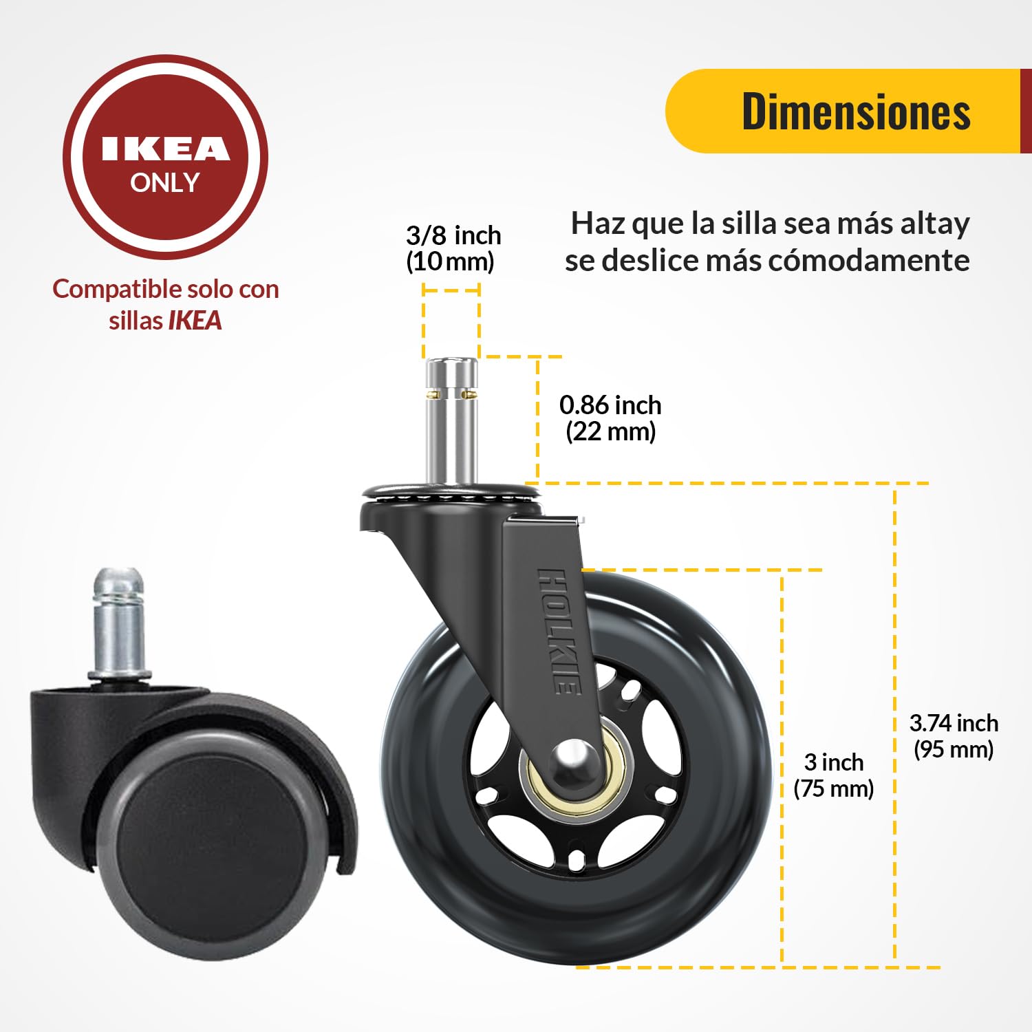 HOLKIE - roulettes chaise bureau - 10x22 mm - caoutchouc, lot de 5, sols durs/tapis, rechange robustes