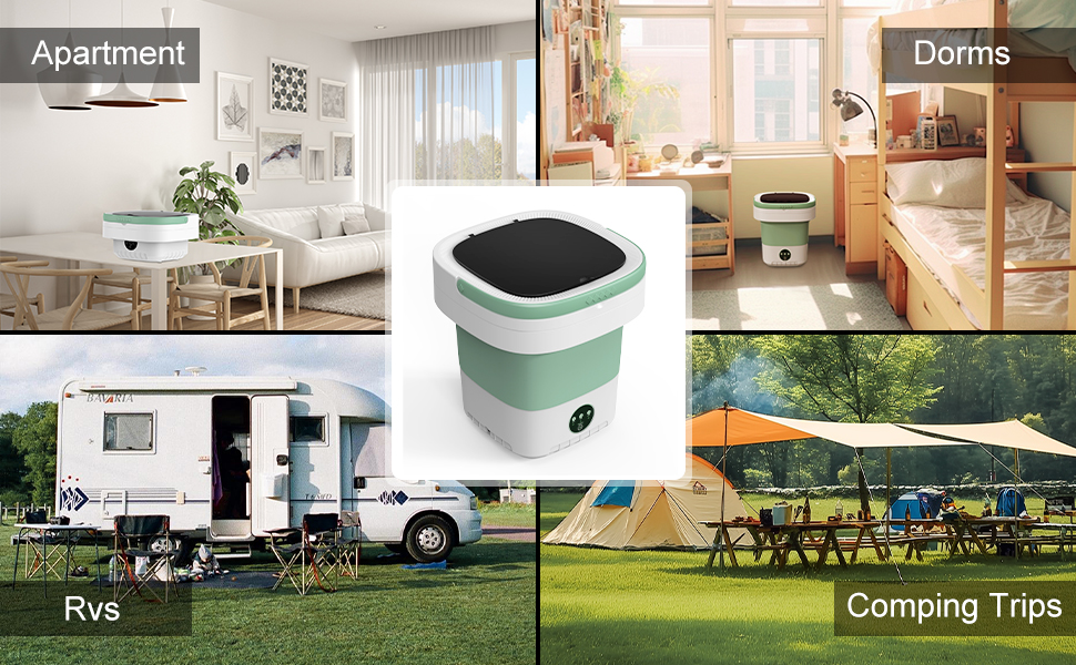 montrant différents espaces de vie : intérieur de l'appartement, dortoir, intérieur du camping-car et aire de camping extérieure avec des étiquettes textuelles