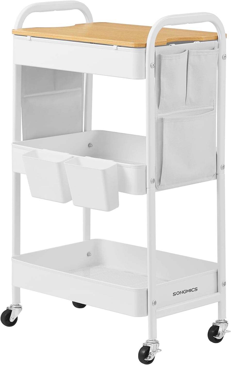 SONGMICS - Chariot de rangement 3 niveaux, blanc, avec table, pots et poches - LRC036W01