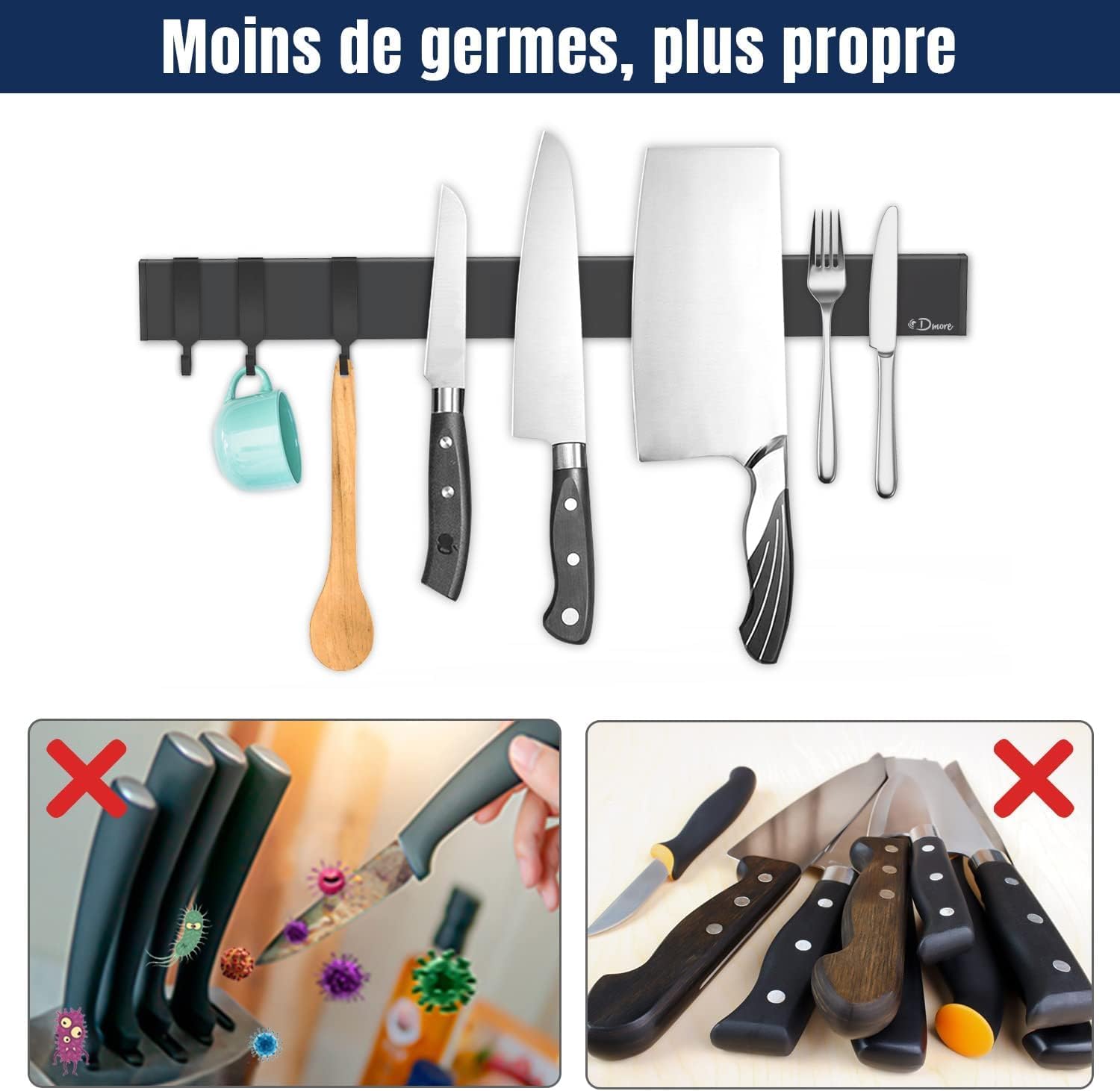 Dmore - porte-couteaux avec 3 crochets - 40 cm - aimant extra-fort, adhésif ou vis