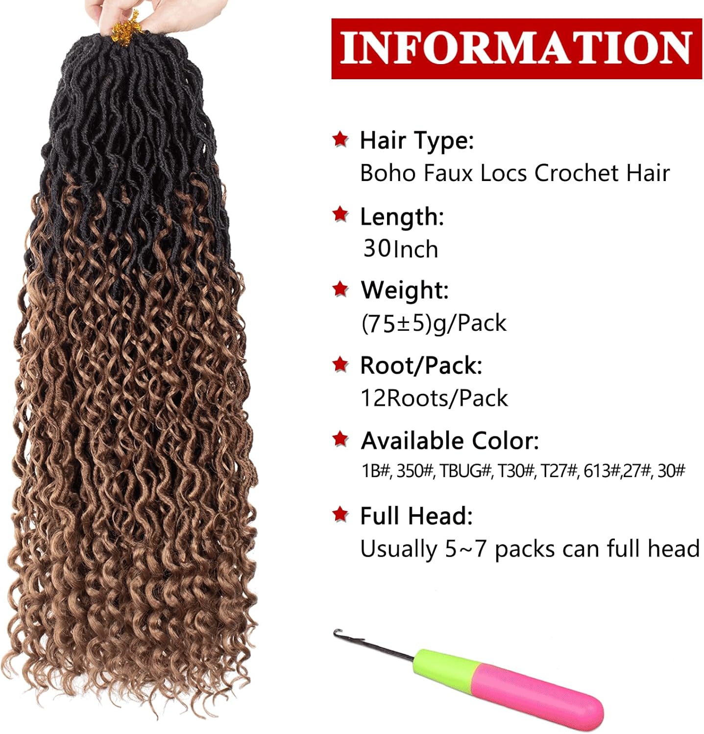 Xtrend - River Faux Locs 30 pouces - 8 packs, 3 tons, mèches frisées, 12 brins, pré-bouclé, style bohème - 1B3027#