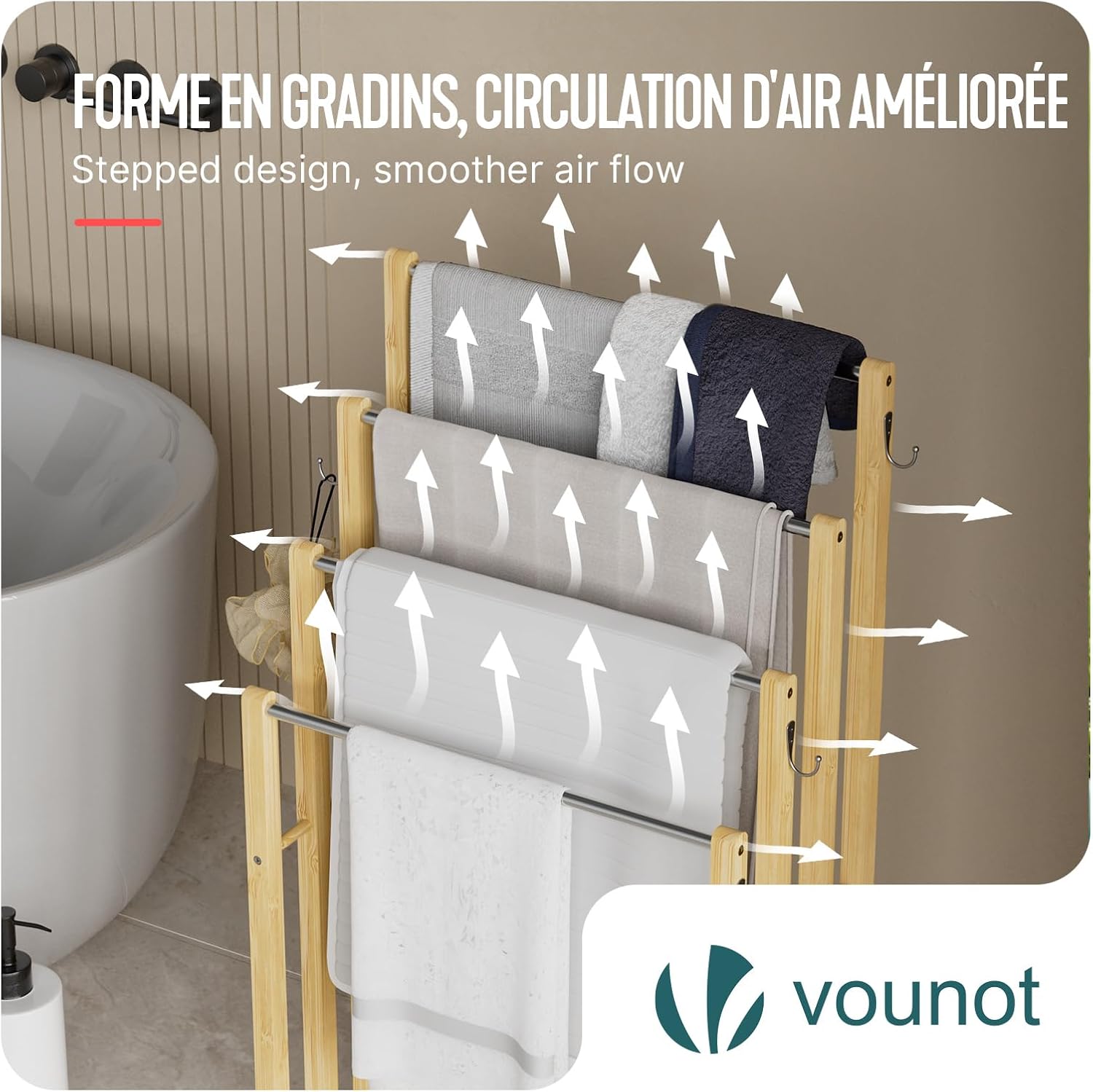 VOUNOT - Porte-serviettes 4 niveaux bambou - autoportant, crochets, bain