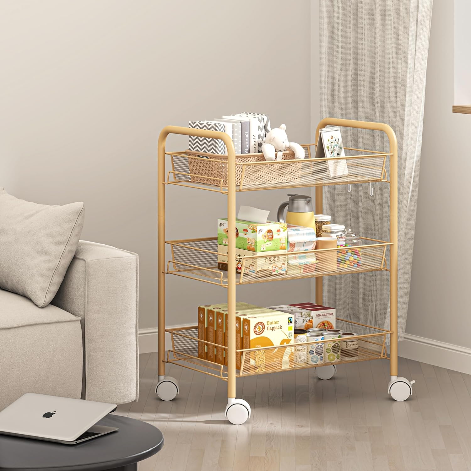 Chariot métallique - 3 étagères, poignées, roulettes, orange, cuisine