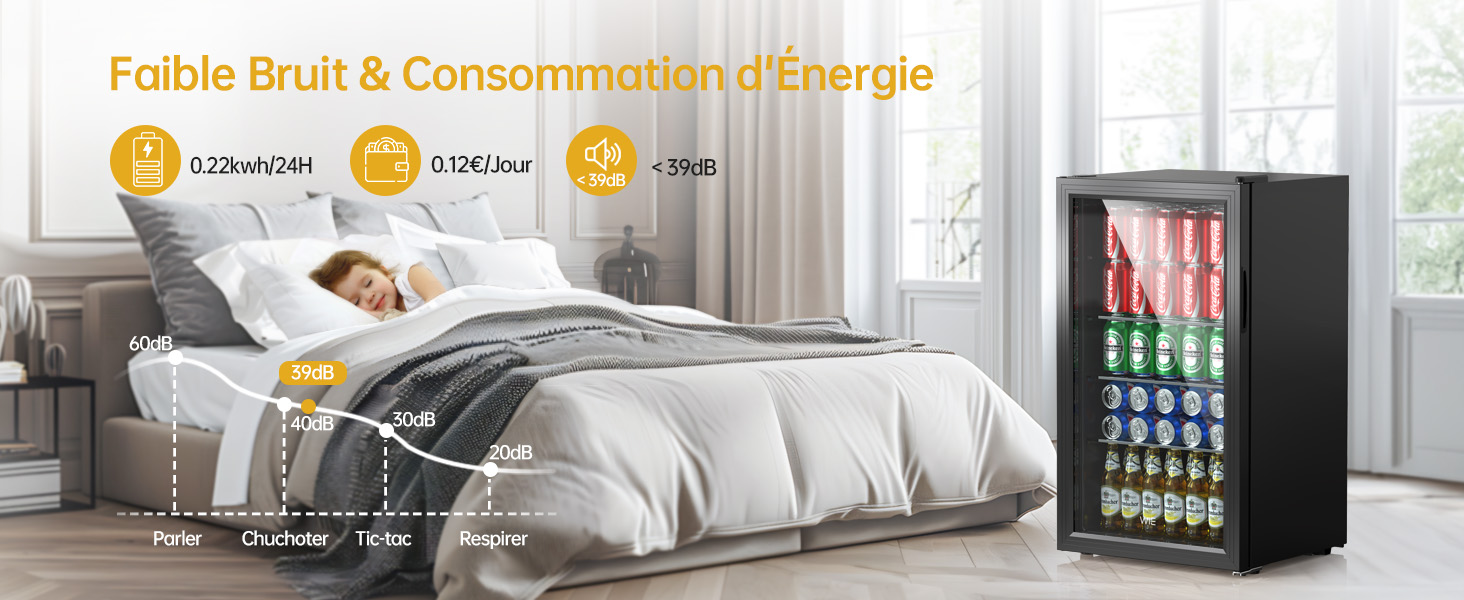Le texte indique « Faible bruit et consommation d'énergie ». Série de scènes intérieures minimalistes de cuisine et de salon montrant des appareils et des meubles modernes.