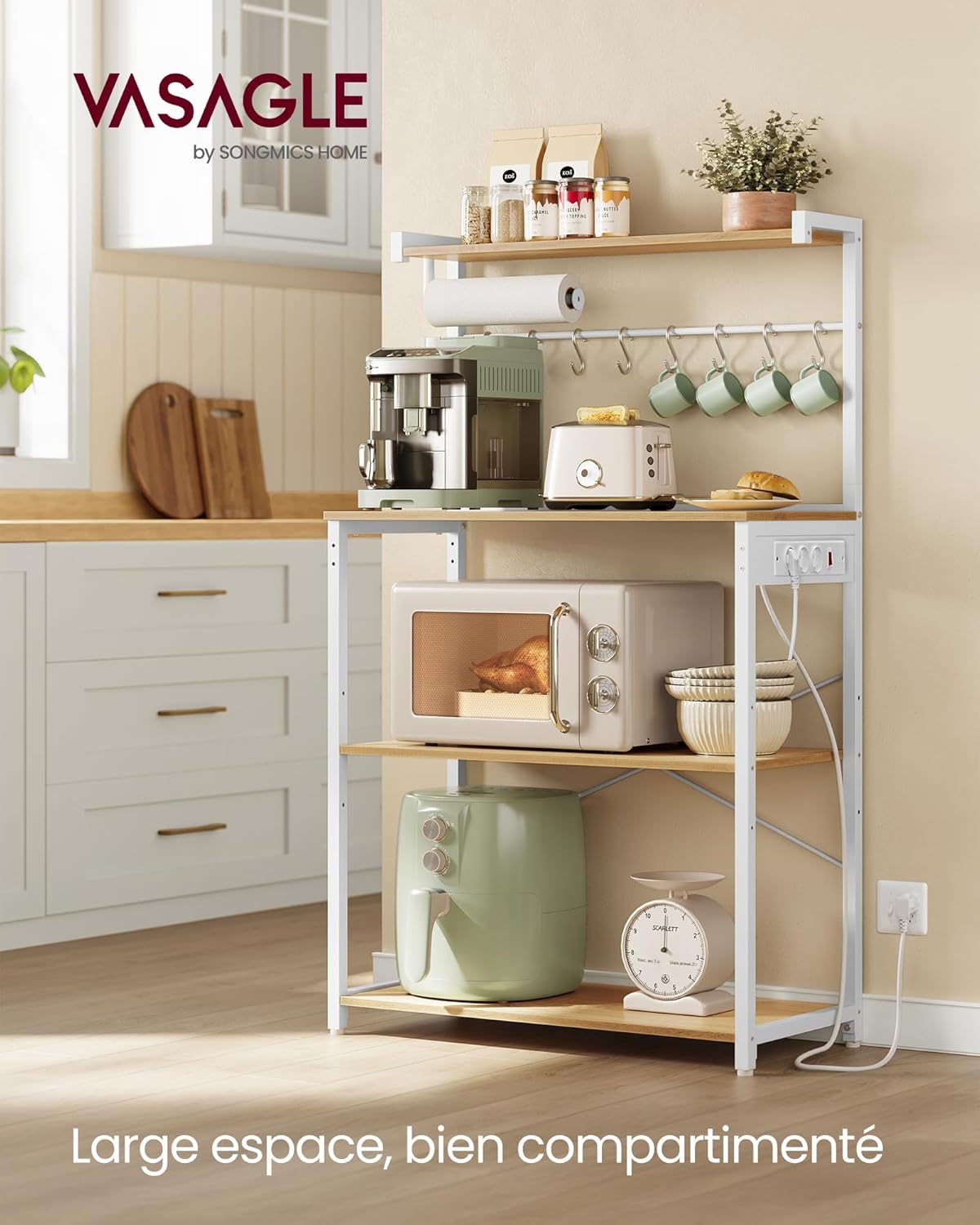 VASAGLE - étagère cuisine 4 niveaux, multiprise, 80x40x140 cm, 8 crochets, KKS029YA02