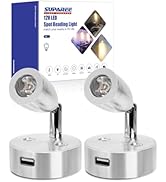 Deux lampes de lecture LED argentées réglables avec ports USB sur des bases circulaires. La boîte du produit indique les spécifications LED 12 V et plusieurs options d'éclairage.