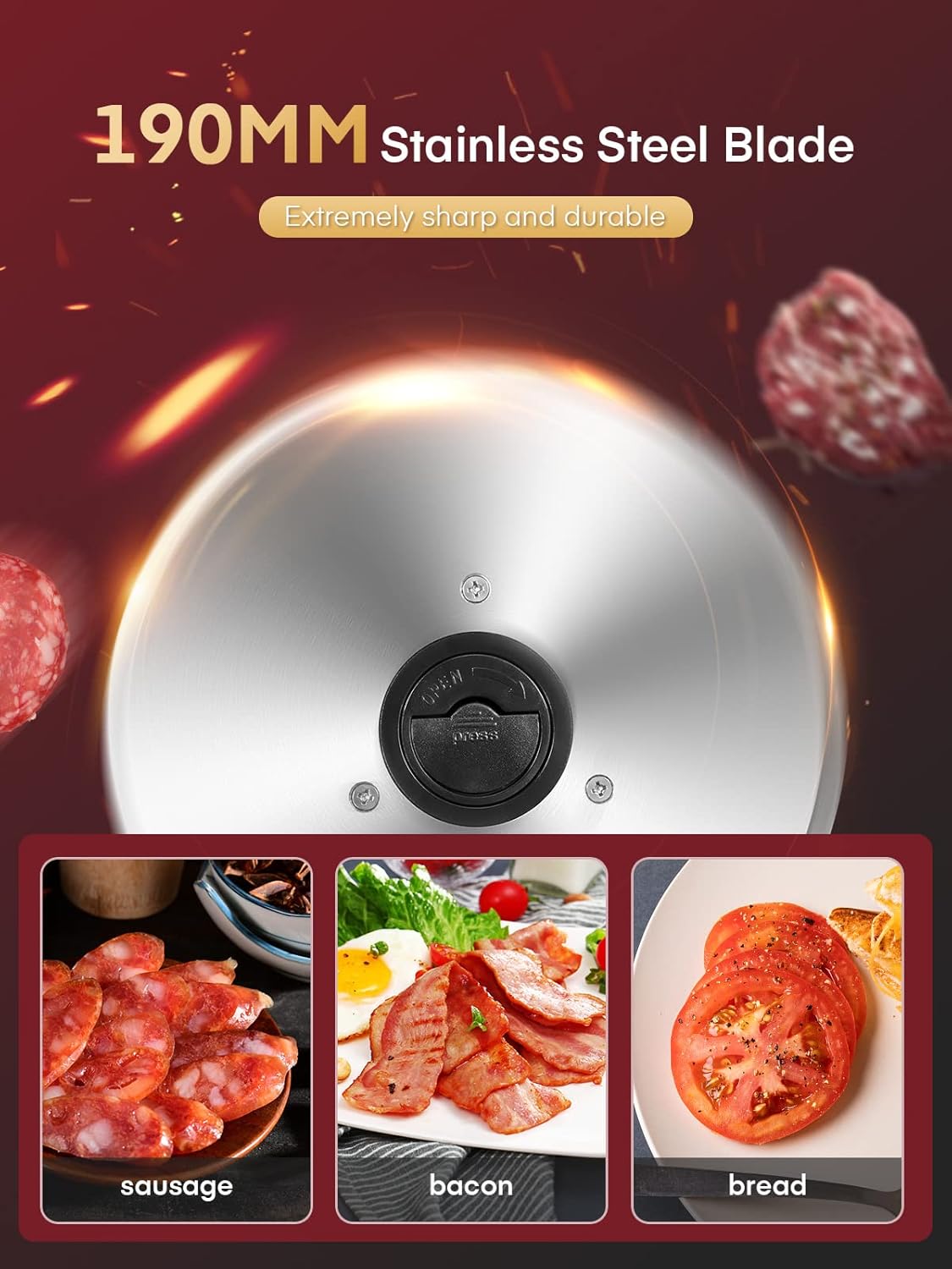 Trancheuse électrique - 200W, lames 19cm, épaisseur réglable, sécurité