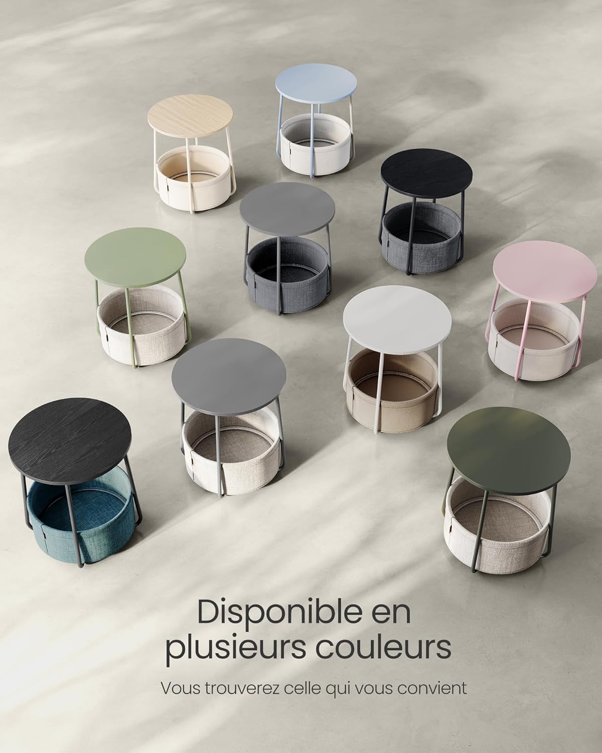 VASAGLE - Table basse ronde moderne, avec panier tissu, beige, LET223K67