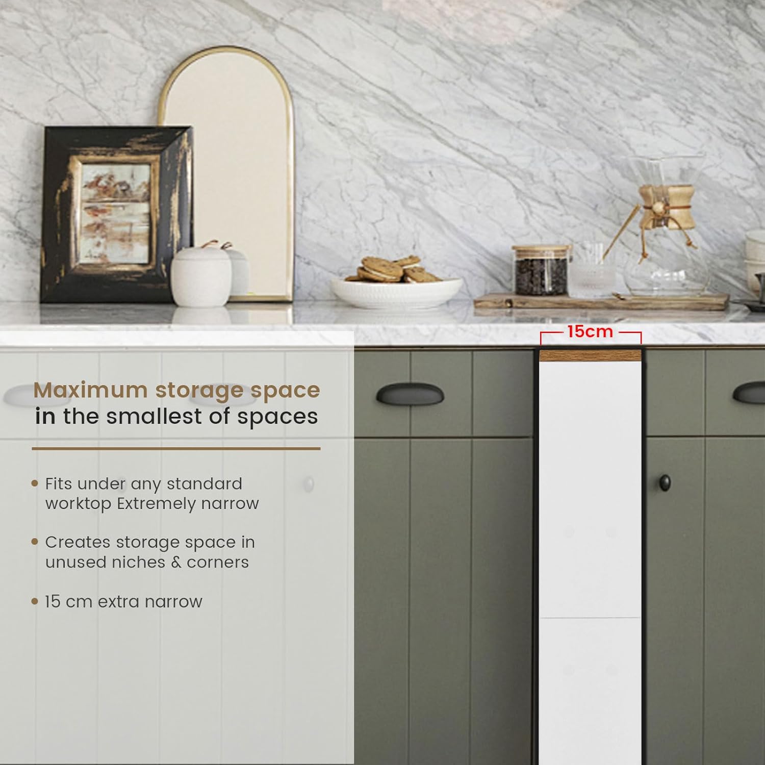 Desserte à roulettes - 4 niveaux, 40x15x80 cm, chêne clair & blanc, poignée et roulettes