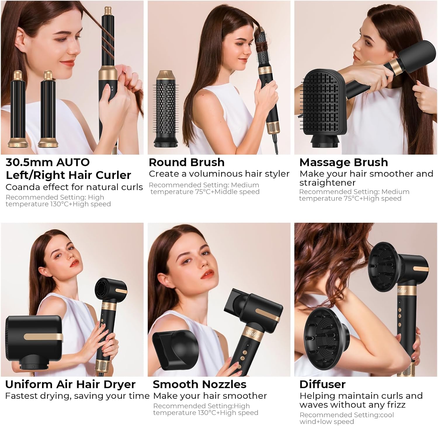 Brosse soufflante 7 en 1 - lissante, boucleur, 3 températures, ionique