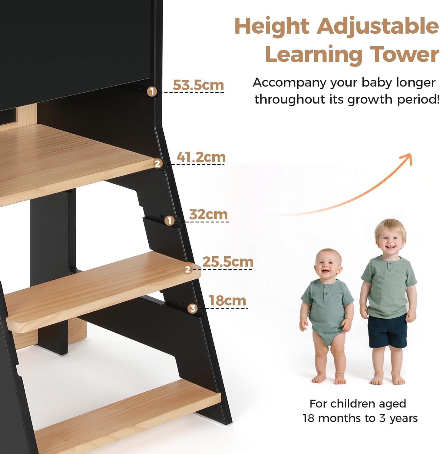 KIDINIX - Tour d'apprentissage Montessori - hauteur réglable, anti-basculement, bois/noir