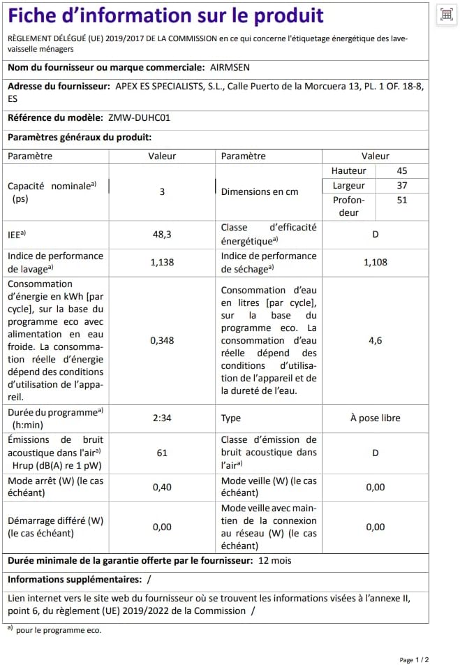 AIRMSEN - Mini Lave-vaisselle ultra-étroit 37x50cm - 4 couverts, 7+2 programmes, réservoir 5L, démarrage différé