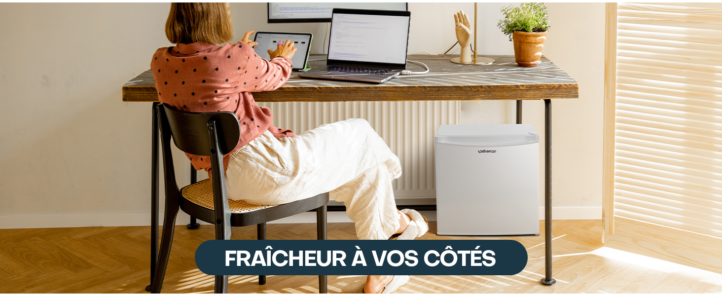 avec un bureau en bois, un ordinateur portable, des plantes en pot et un appareil blanc en dessous. Le texte en français se lit comme suit : « Fraîcheur à vos côtes ».