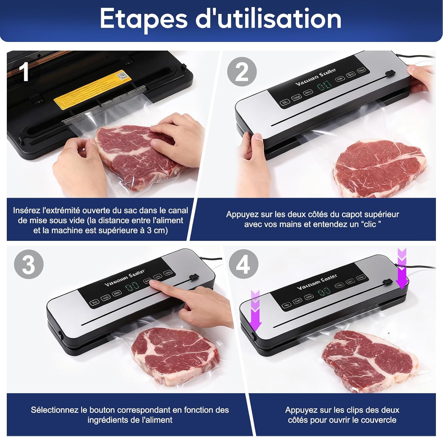 Machine sous vide alimentaire - 5 en 1 - avec 50 sacs - modes humide/sec, multifonction