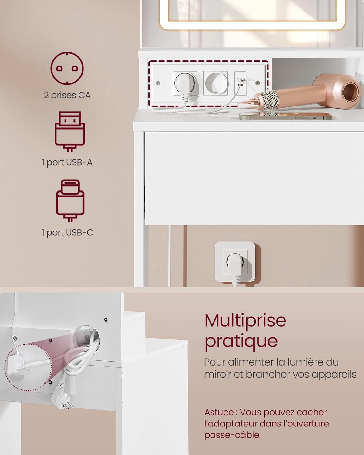 VASAGLE - Kailyn Collection - coiffeuse moderne LED, multiprise, 2 étagères, 1 tiroir, tabouret - RDT738W01